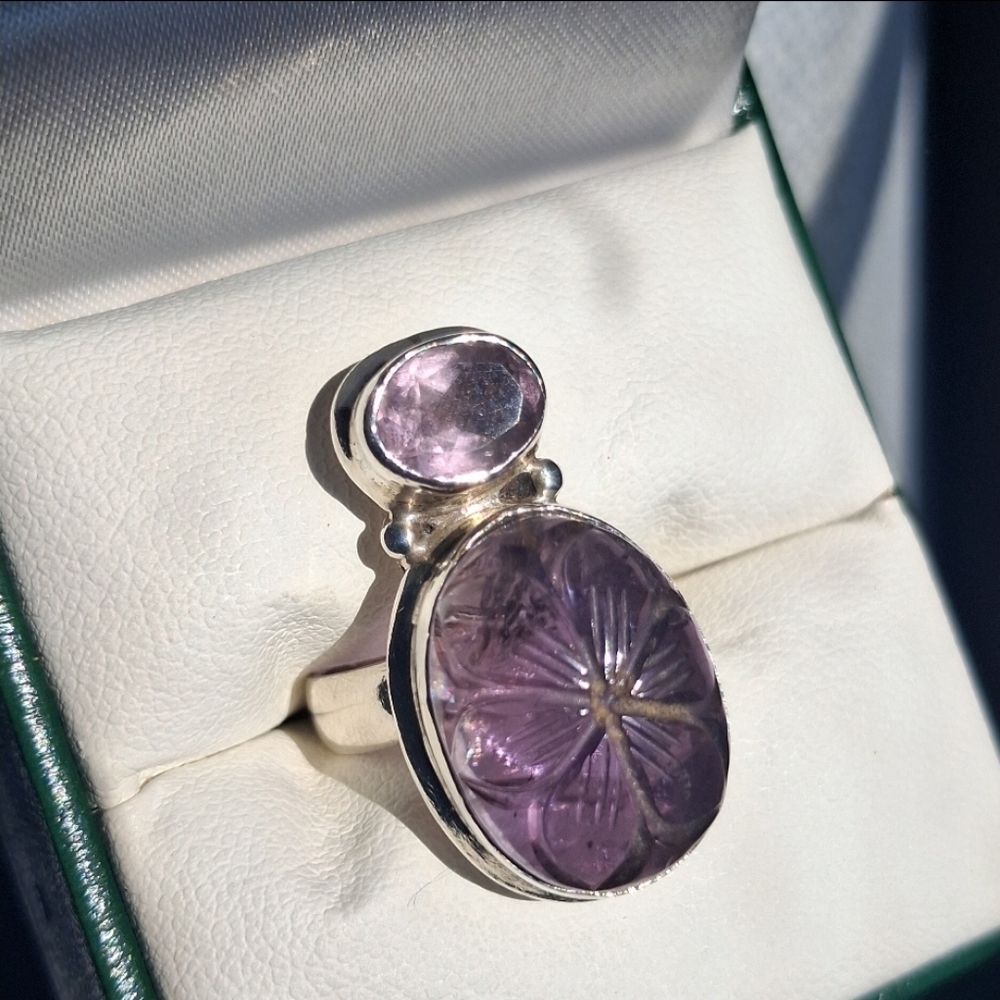 Sterling Silver Two Stone Floral-Carved Amethyst Gemstone Ring